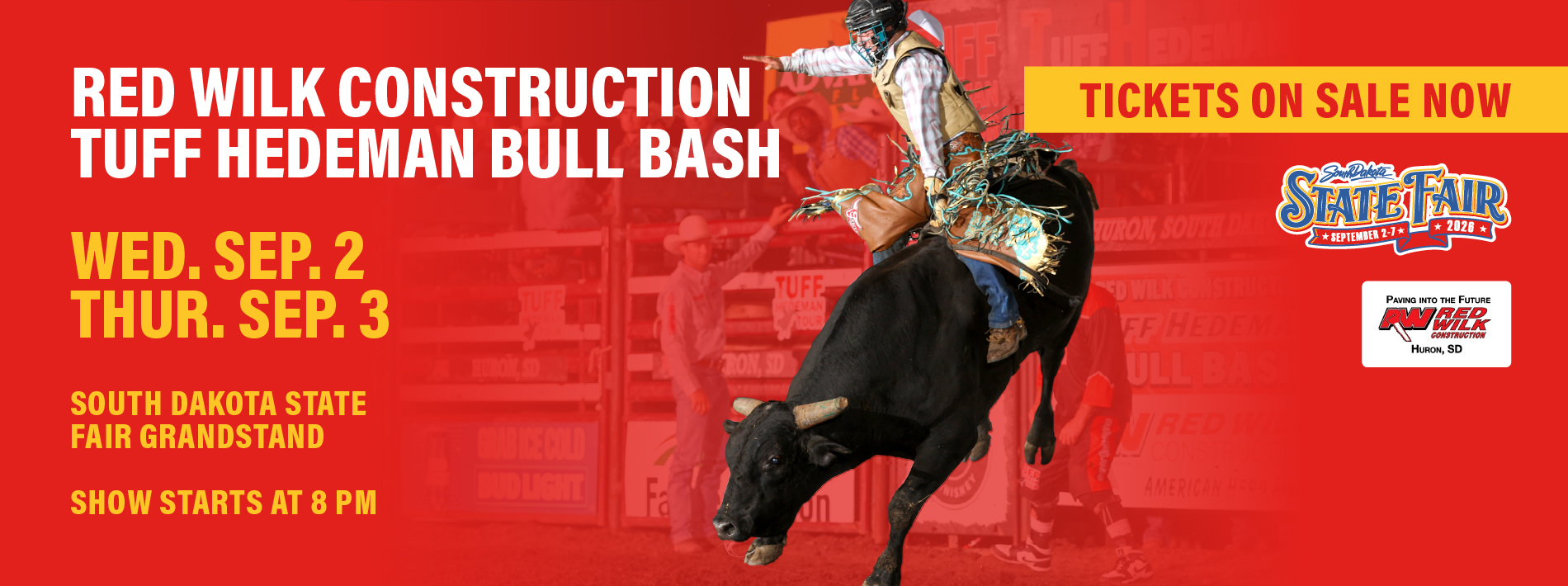 Various promotional slides regarding upcoming events happening at the South Dakota State Fair Fairgrounds.