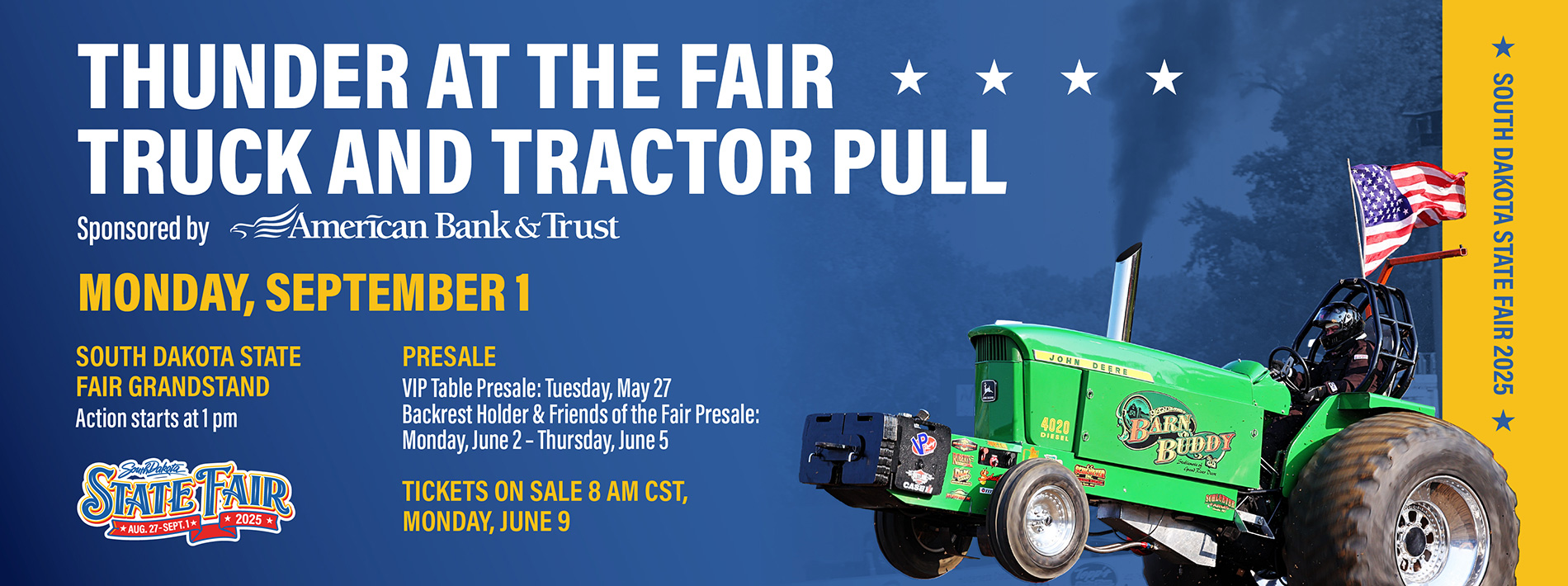 Various promotional slides regarding upcoming events happening at the South Dakota State Fair Fairgrounds.